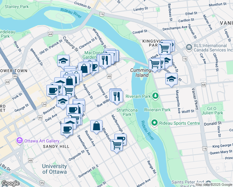 map of restaurants, bars, coffee shops, grocery stores, and more near 483 Rue Wilbrod Street in Ottawa