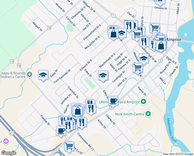 map of restaurants, bars, coffee shops, grocery stores, and more near 85 Edey Street in Arnprior