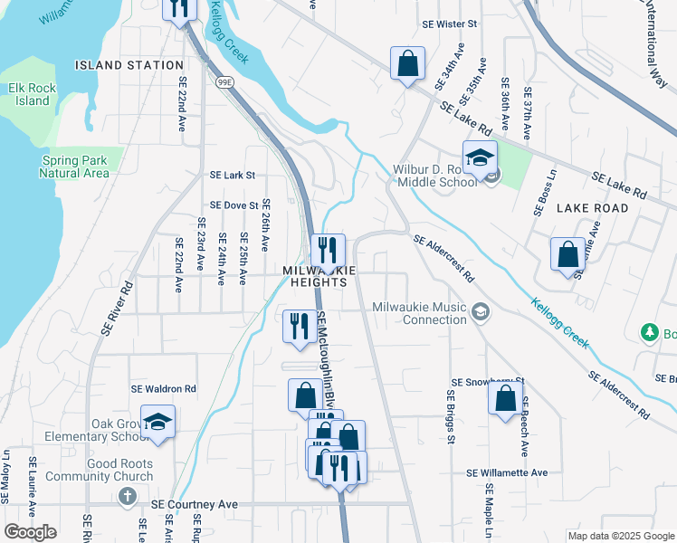 map of restaurants, bars, coffee shops, grocery stores, and more near 2817 Southeast Park Avenue in Oak Grove