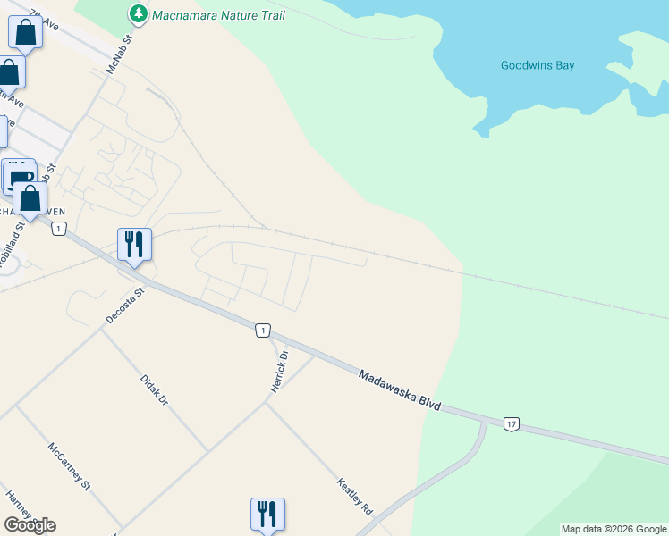 map of restaurants, bars, coffee shops, grocery stores, and more near 186 Seabert Drive in Arnprior