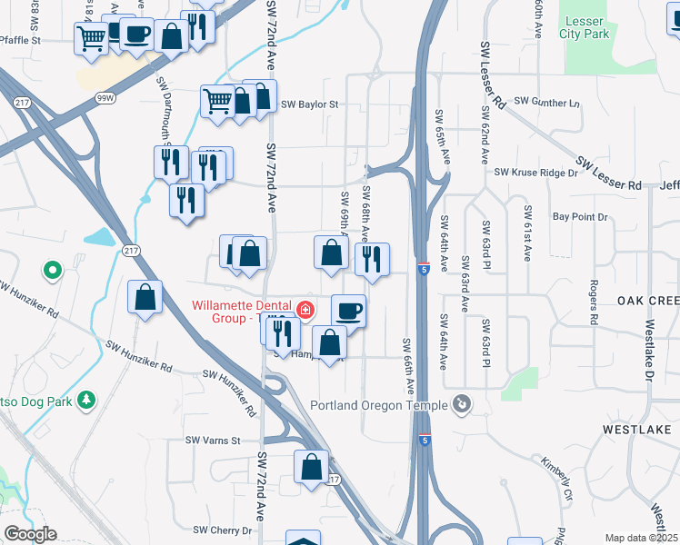 map of restaurants, bars, coffee shops, grocery stores, and more near 12445 Southwest 69th Avenue in Tigard