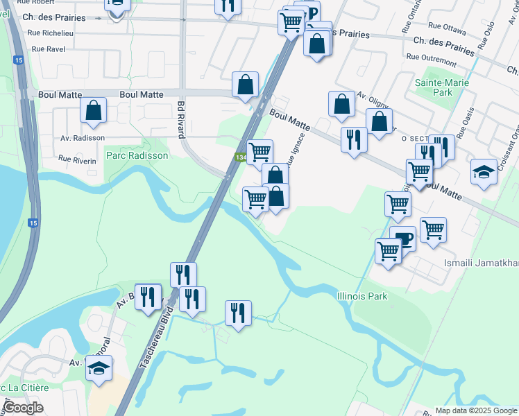 map of restaurants, bars, coffee shops, grocery stores, and more near 9620 Rue Ignace in Brossard