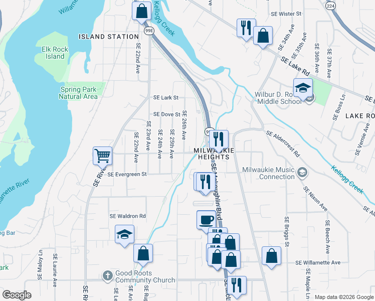 map of restaurants, bars, coffee shops, grocery stores, and more near 2625 Southeast Park Avenue in Milwaukie