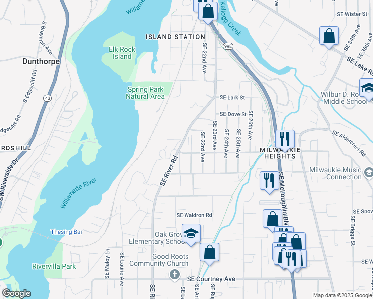 map of restaurants, bars, coffee shops, grocery stores, and more near 2055 Southeast Park Avenue in Milwaukie