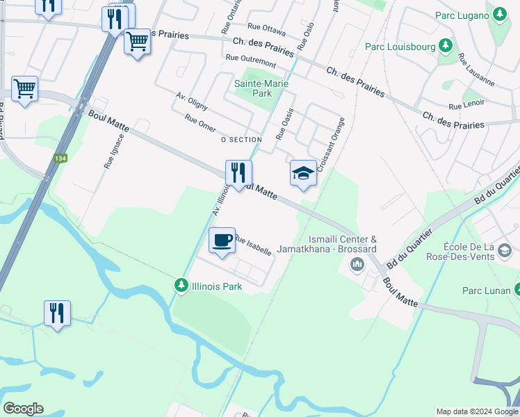 map of restaurants, bars, coffee shops, grocery stores, and more near 3600 Boulevard Matte in Brossard