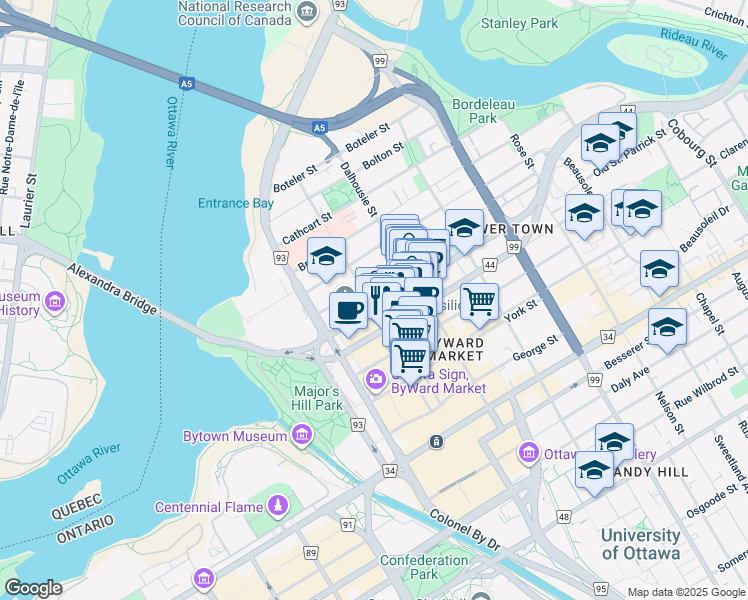map of restaurants, bars, coffee shops, grocery stores, and more near 101 Parent Avenue in Ottawa