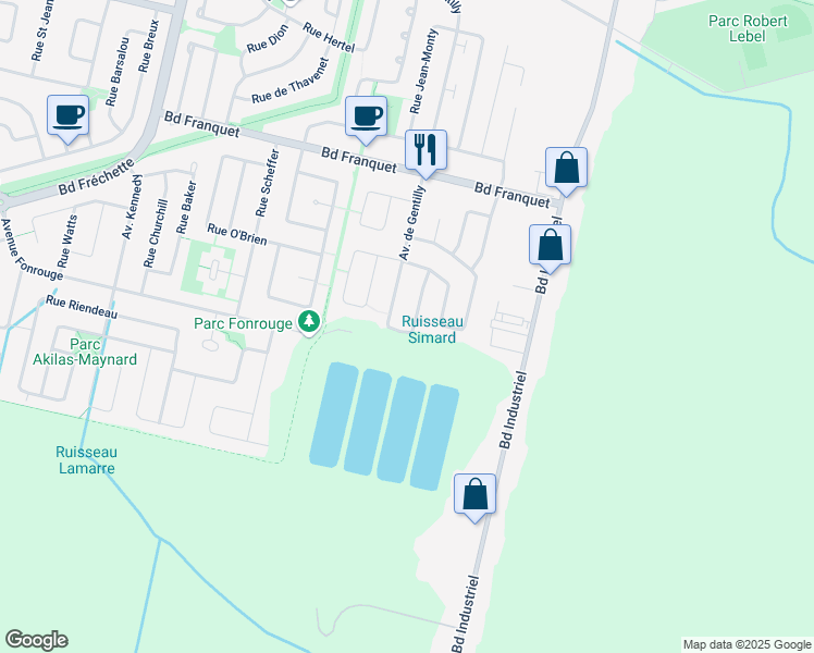 map of restaurants, bars, coffee shops, grocery stores, and more near 1731 Avenue de Gentilly in Chambly
