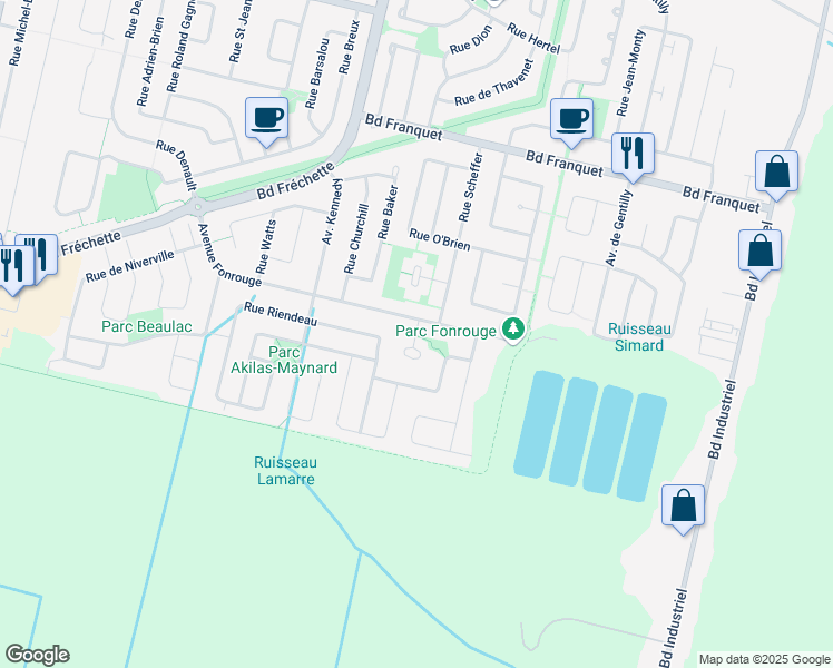 map of restaurants, bars, coffee shops, grocery stores, and more near 6 Terrasse Fond Rouge in Chambly