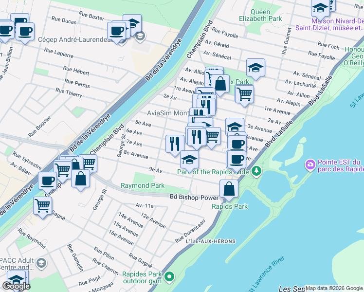 map of restaurants, bars, coffee shops, grocery stores, and more near 188 Avenue 6e in Montréal