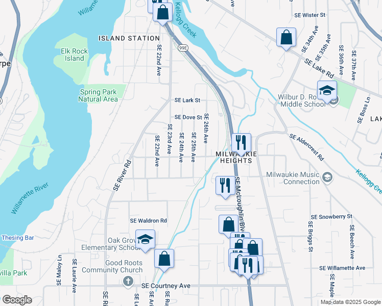 map of restaurants, bars, coffee shops, grocery stores, and more near 12775 Southeast 25th Avenue in Milwaukie
