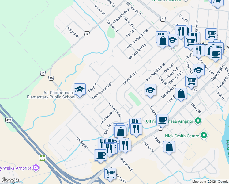map of restaurants, bars, coffee shops, grocery stores, and more near 5 Laurentian Place in Arnprior