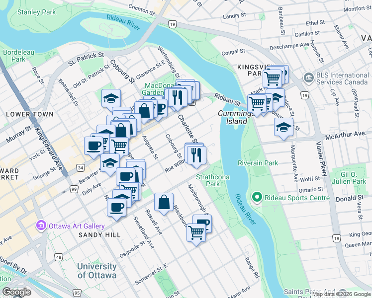 map of restaurants, bars, coffee shops, grocery stores, and more near 483 Rue Wilbrod Street in Ottawa