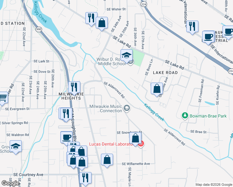 map of restaurants, bars, coffee shops, grocery stores, and more near 3410 Southeast Aldercrest Road in Milwaukie