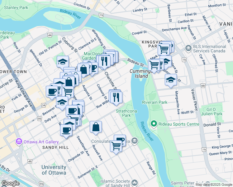 map of restaurants, bars, coffee shops, grocery stores, and more near 244 Charlotte Street in Ottawa