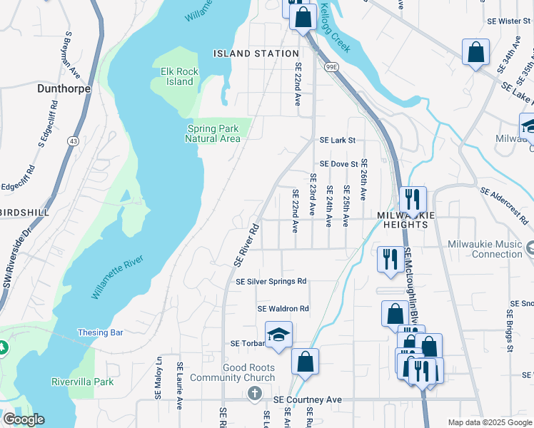 map of restaurants, bars, coffee shops, grocery stores, and more near 12770 Southeast River Road in Milwaukie
