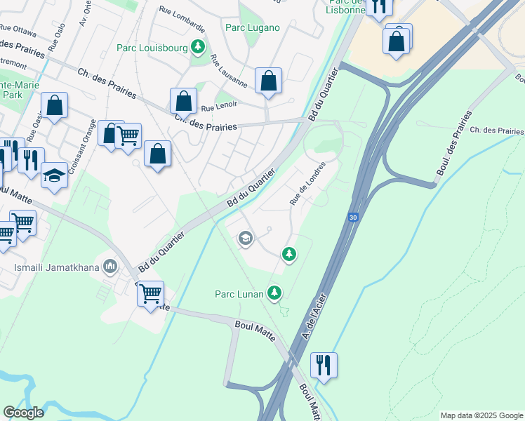 map of restaurants, bars, coffee shops, grocery stores, and more near 7150 Rue de Lanivet in Brossard