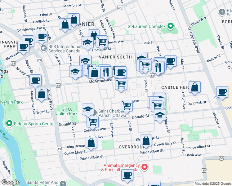 map of restaurants, bars, coffee shops, grocery stores, and more near 401 Carmen Avenue in Ottawa