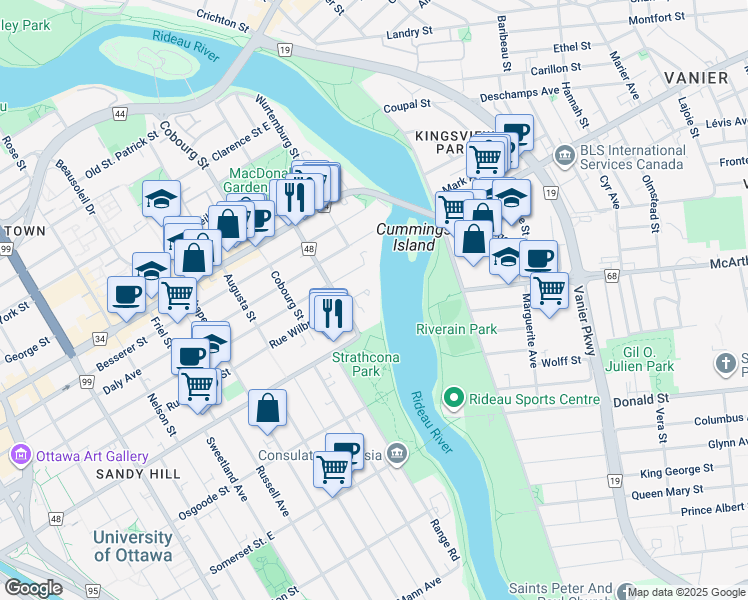 map of restaurants, bars, coffee shops, grocery stores, and more near in Ottawa
