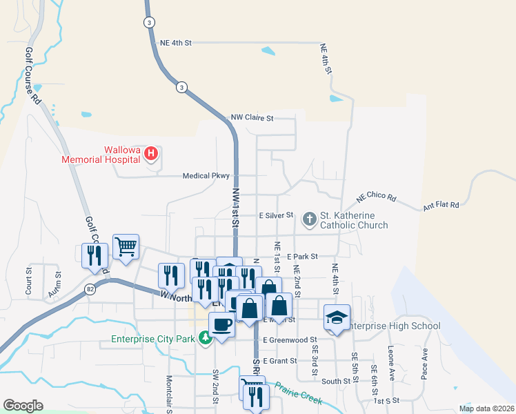 map of restaurants, bars, coffee shops, grocery stores, and more near 102 West Alder Street in Enterprise