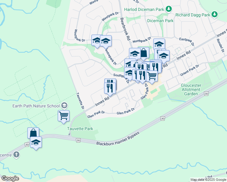 map of restaurants, bars, coffee shops, grocery stores, and more near 2566 Gravelle Crescent in Ottawa