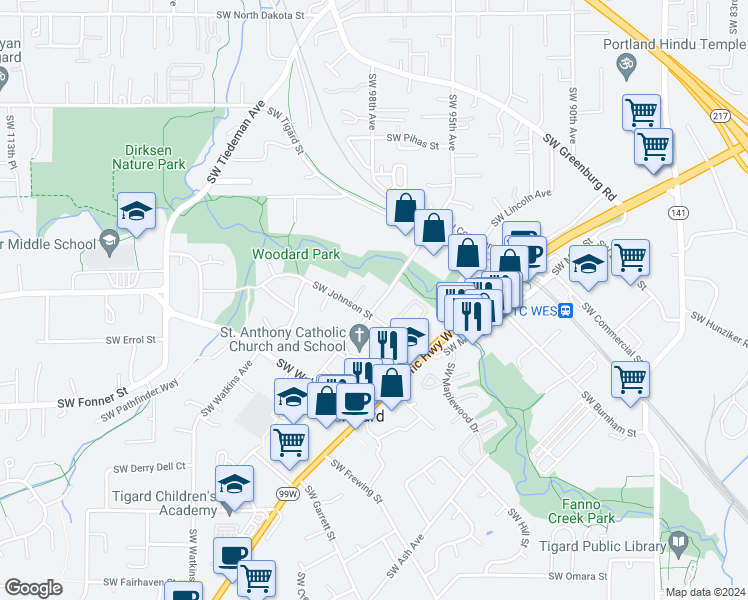 map of restaurants, bars, coffee shops, grocery stores, and more near 12385 Southwest Grant Avenue in Tigard