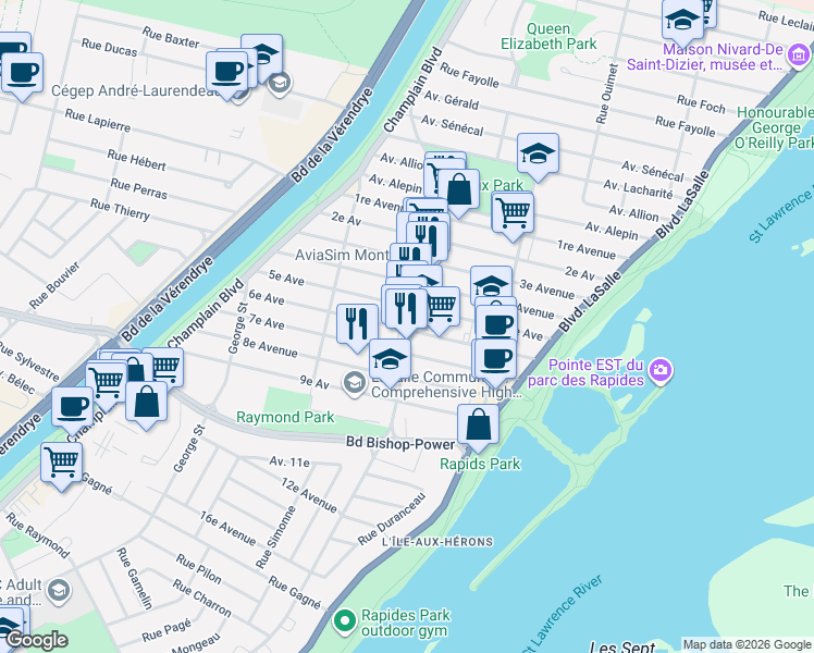 map of restaurants, bars, coffee shops, grocery stores, and more near 7681 Rue Centrale in Montréal