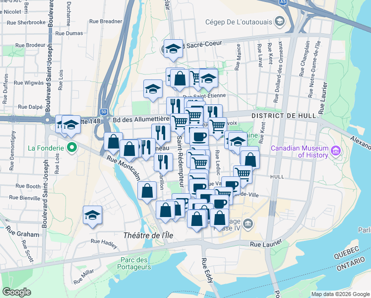 map of restaurants, bars, coffee shops, grocery stores, and more near 90 Rue Papineau in Gatineau