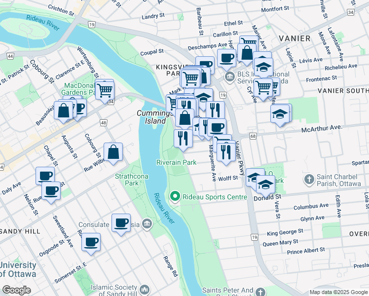 map of restaurants, bars, coffee shops, grocery stores, and more near 369 North River Road in Ottawa