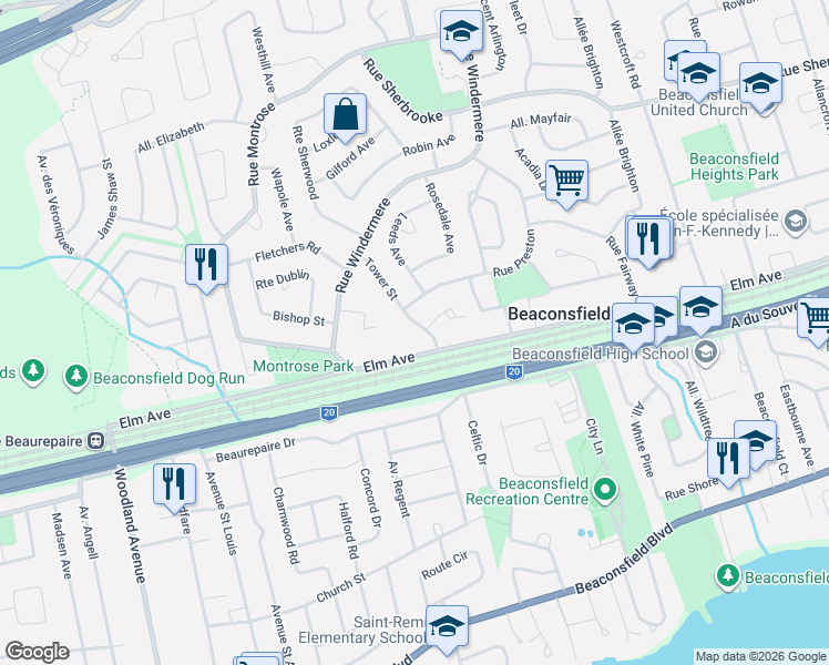 map of restaurants, bars, coffee shops, grocery stores, and more near 140 Tower Street in Beaconsfield