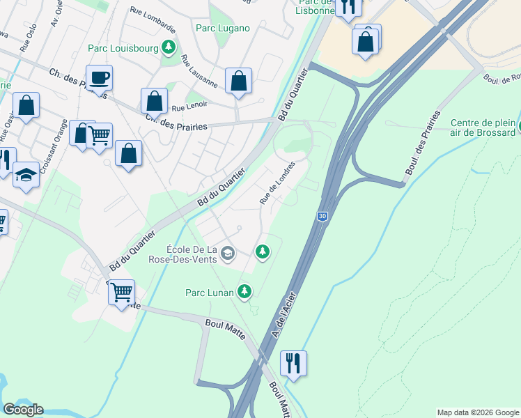 map of restaurants, bars, coffee shops, grocery stores, and more near 7105 Lanivet Street in Brossard