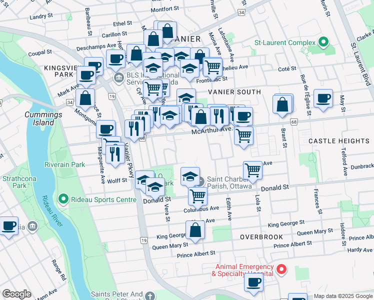 map of restaurants, bars, coffee shops, grocery stores, and more near 248 McArthur Avenue in Ottawa