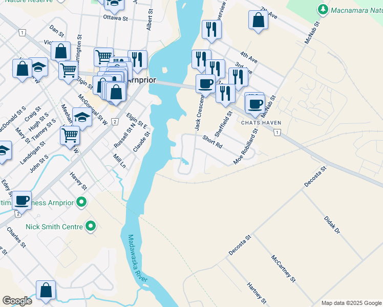 map of restaurants, bars, coffee shops, grocery stores, and more near 92 Wolff Crescent in Arnprior
