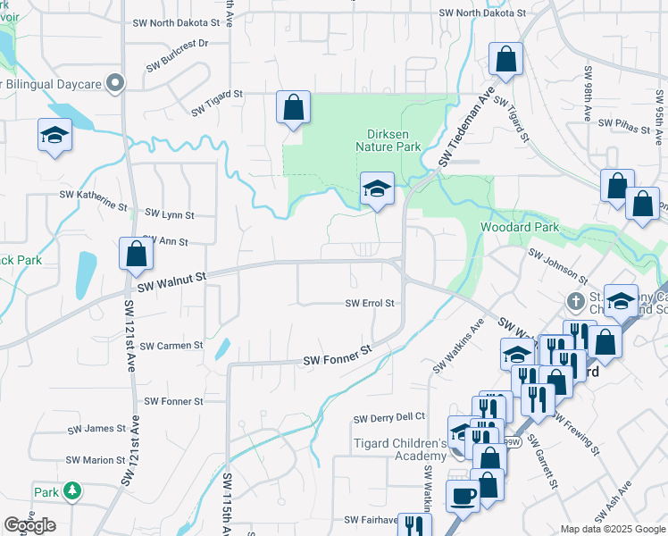 map of restaurants, bars, coffee shops, grocery stores, and more near 11000 Southwest Walnut Street in Tigard