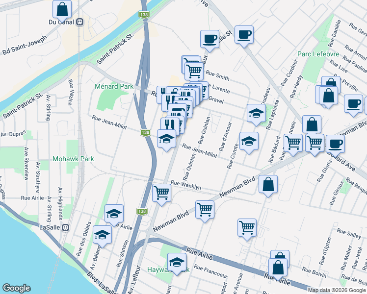 map of restaurants, bars, coffee shops, grocery stores, and more near 9470 Rue Jean-Milot in Montréal