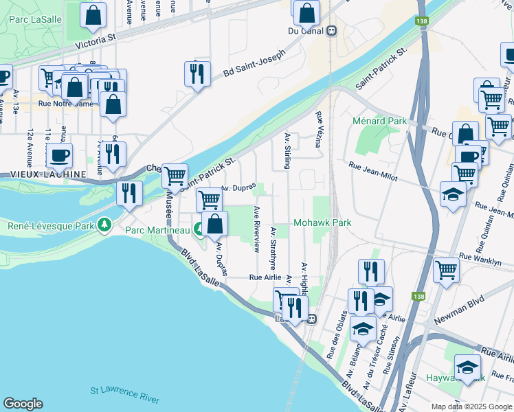 map of restaurants, bars, coffee shops, grocery stores, and more near 151 Rue Riverview in Montreal
