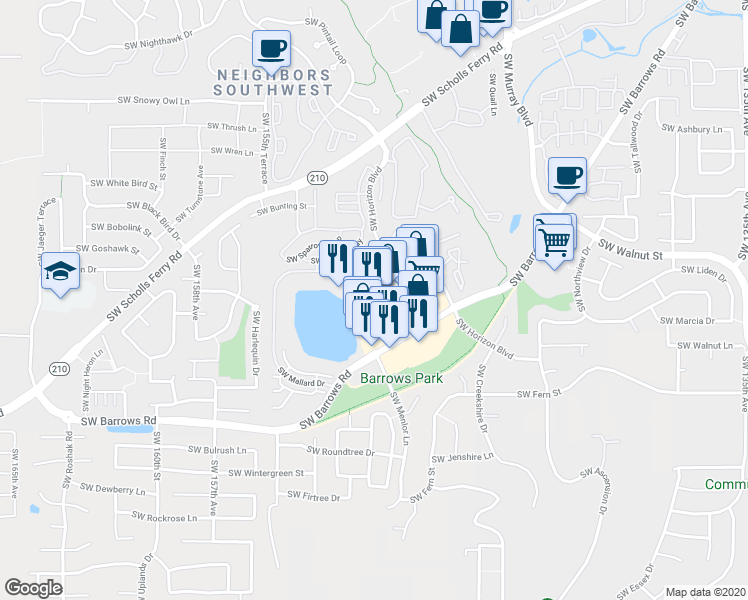 map of restaurants, bars, coffee shops, grocery stores, and more near 12345 Southwest Horizon Boulevard in Beaverton