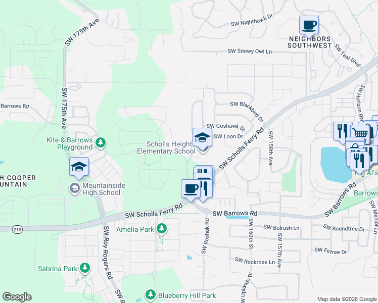 map of restaurants, bars, coffee shops, grocery stores, and more near 16475 Southwest Loon Drive in Beaverton