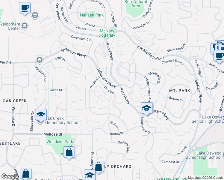 map of restaurants, bars, coffee shops, grocery stores, and more near 35 Da Vinci Street in Lake Oswego