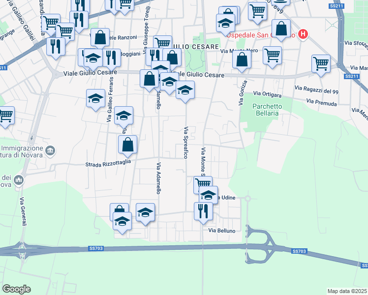 map of restaurants, bars, coffee shops, grocery stores, and more near 26 Via Spreafico in Novara