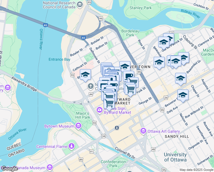 map of restaurants, bars, coffee shops, grocery stores, and more near 226 Saint Patrick Street in Ottawa