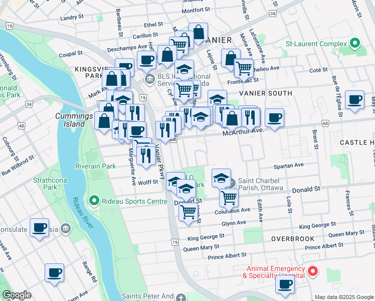 map of restaurants, bars, coffee shops, grocery stores, and more near 369 Larouche Street in Ottawa