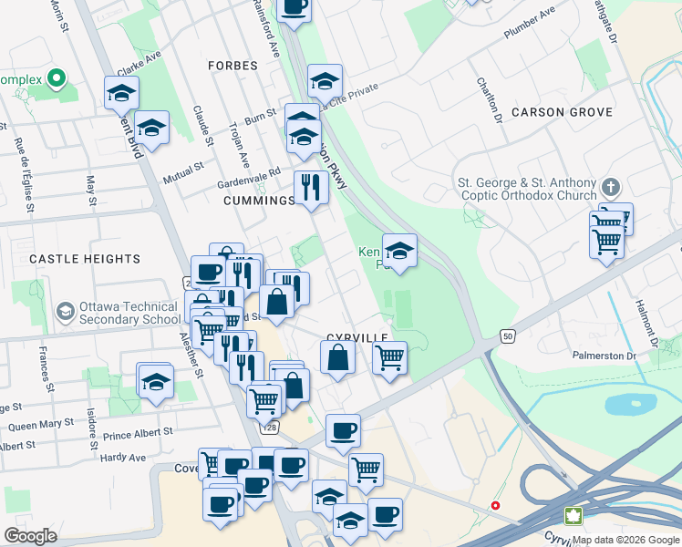 map of restaurants, bars, coffee shops, grocery stores, and more near 503 Burleigh Private in Ottawa