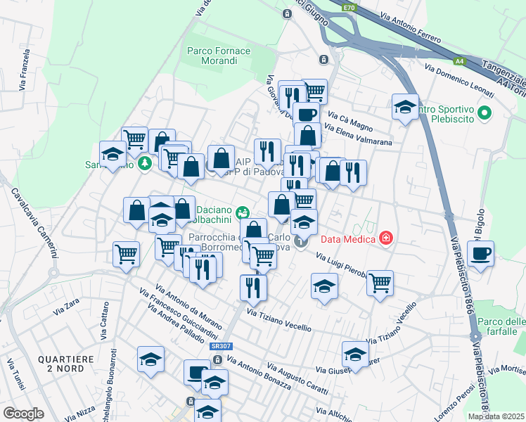 map of restaurants, bars, coffee shops, grocery stores, and more near 4I Via Filippo Lippi in Padova