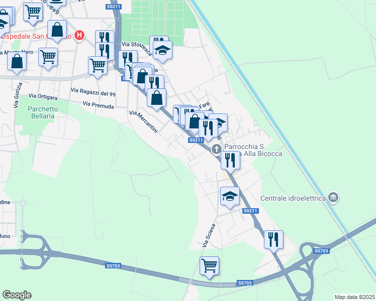 map of restaurants, bars, coffee shops, grocery stores, and more near 9 Via Nicolò Tommaseo in Novara