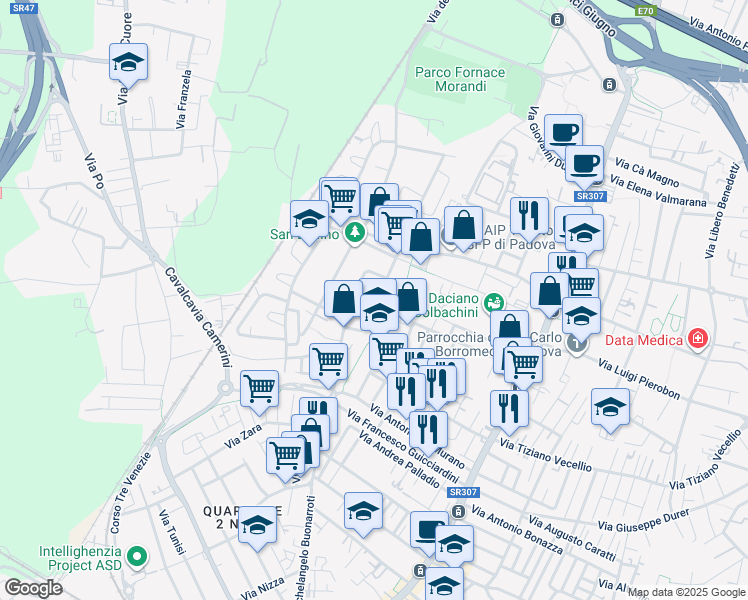 map of restaurants, bars, coffee shops, grocery stores, and more near 26 Via Giovanni Segantini in Padova