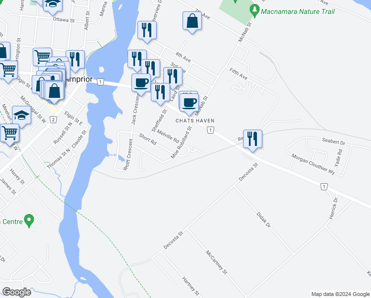 map of restaurants, bars, coffee shops, grocery stores, and more near 13 Spruce Crescent in Arnprior
