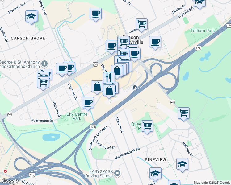 map of restaurants, bars, coffee shops, grocery stores, and more near 100 Frontier Path Private in Ottawa