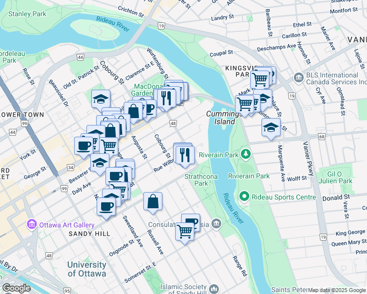 map of restaurants, bars, coffee shops, grocery stores, and more near 483 Rue Wilbrod Street in Ottawa