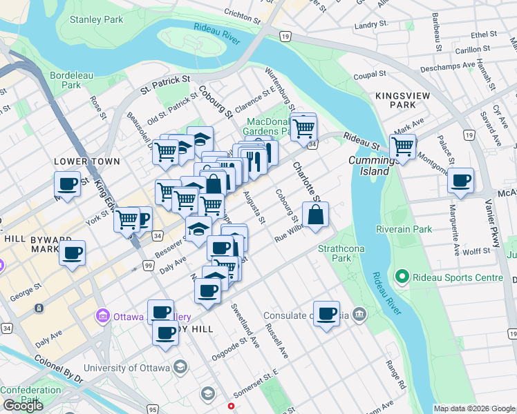 map of restaurants, bars, coffee shops, grocery stores, and more near 201 Augusta Street in Ottawa