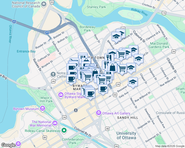 map of restaurants, bars, coffee shops, grocery stores, and more near in Ottawa